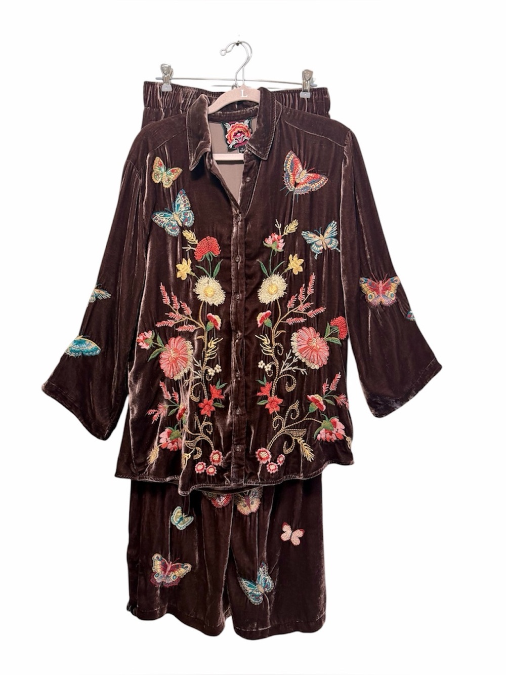 Johnny Was SET of brown velvet embroidered floral top and pants, small/medium
